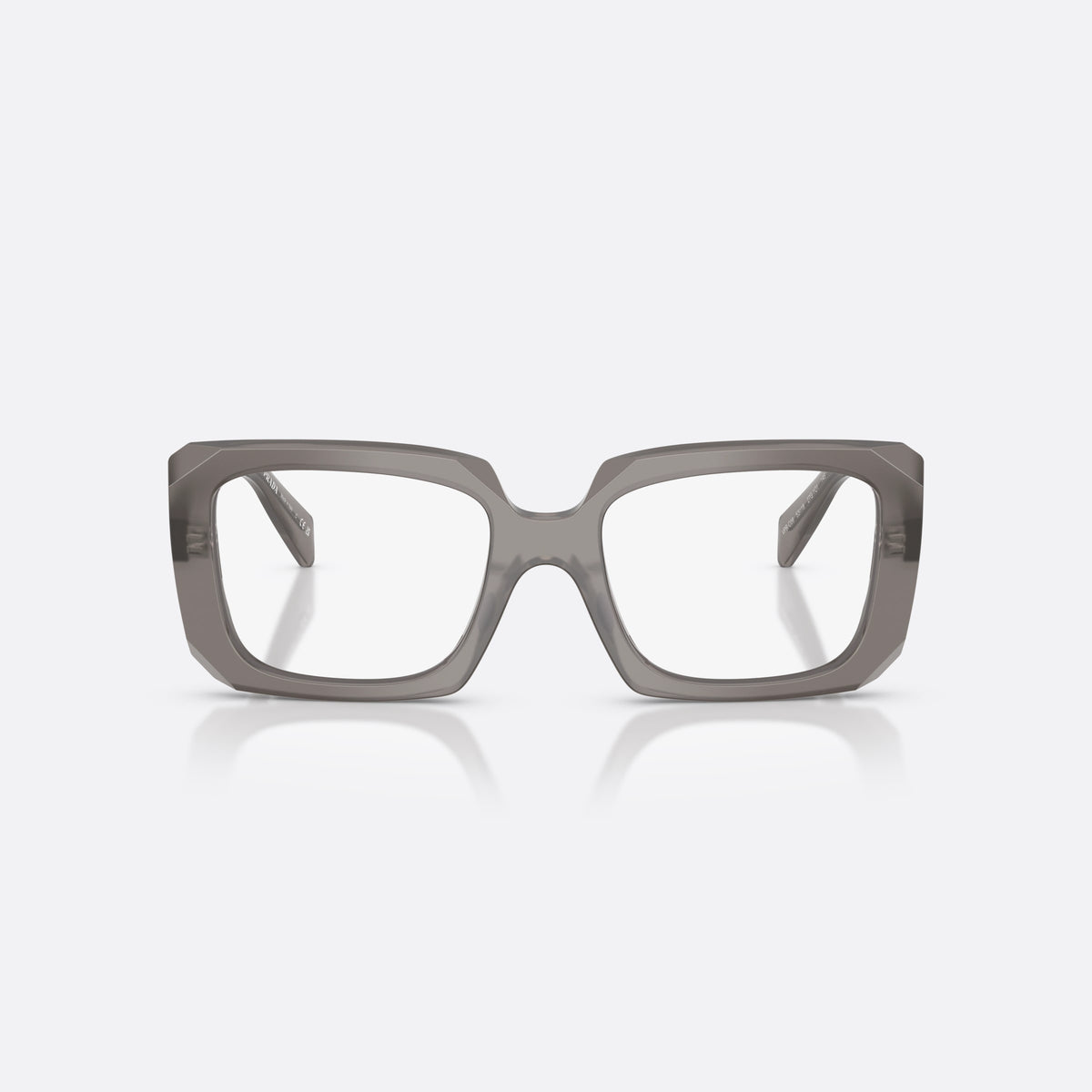 Prada PR C09V 27G1O1 eyeglasses, grey pillow frame for women, double bridge with wide center, brand lettering on temples, front view