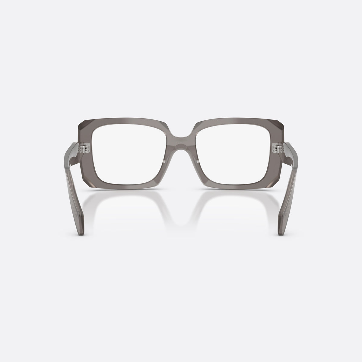 Prada PR C09V 27G1O1 eyeglasses, grey pillow frame for women, double bridge with wide center, brand lettering on temples, back view