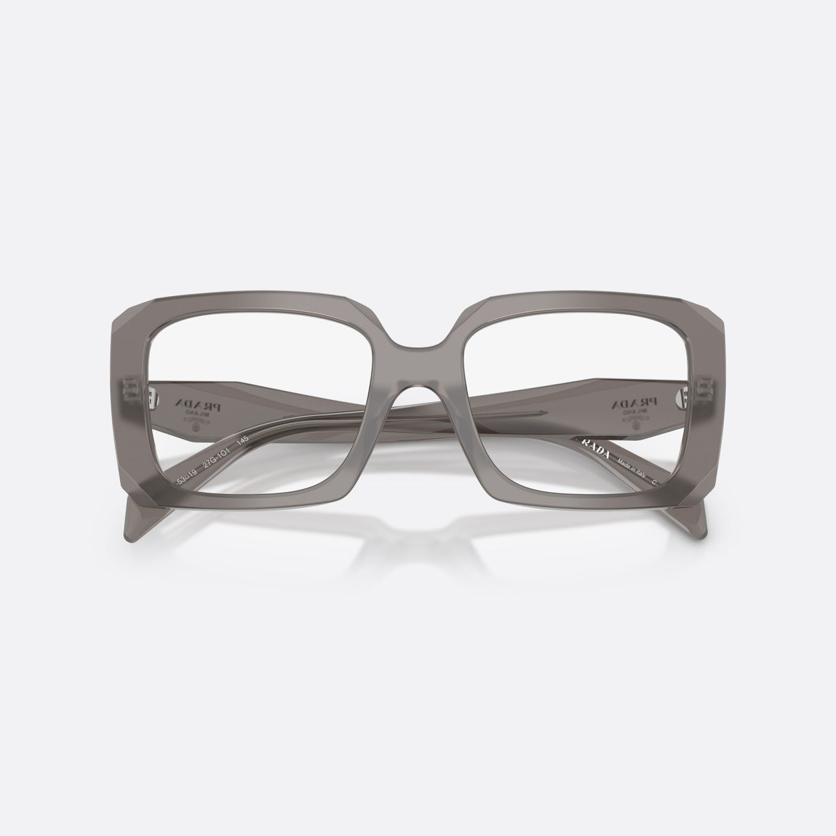 Prada PR C09V 27G1O1 eyeglasses, grey pillow frame for women, double bridge with wide center, brand lettering on temples, folded