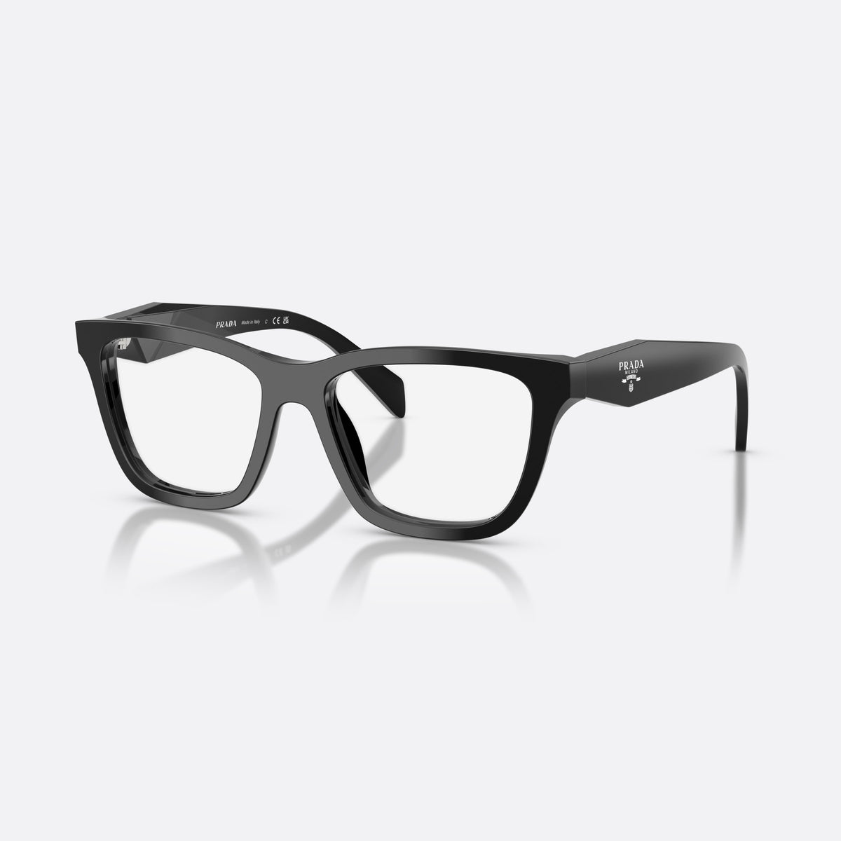 Prada PR C10V 16K1O1 eyeglasses, black butterfly frame for women, plain bridge, brand lettering on temples, full-rim frame