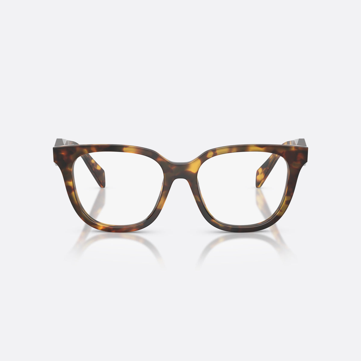 Prada PR C11V 14L1O1 eyeglasses, havana butterfly frame for women, keyhole bridge, brand lettering on the temples, front view