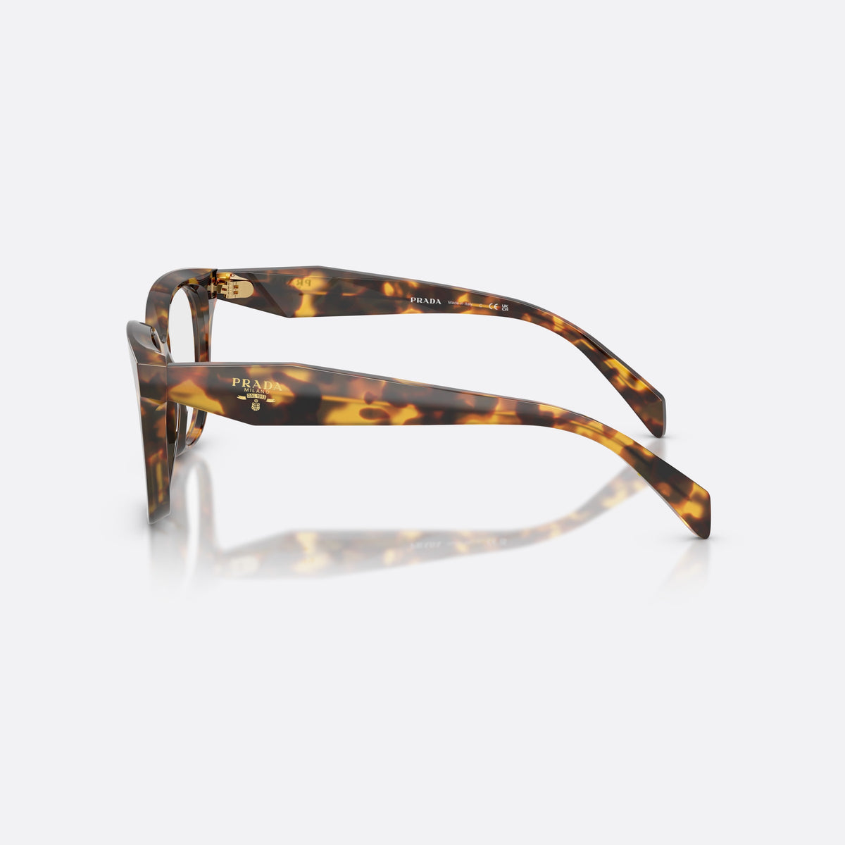 Prada PR C11V 14L1O1 eyeglasses, havana butterfly frame for women, plain bridge, brand lettering on temples, full-rim frame, side view