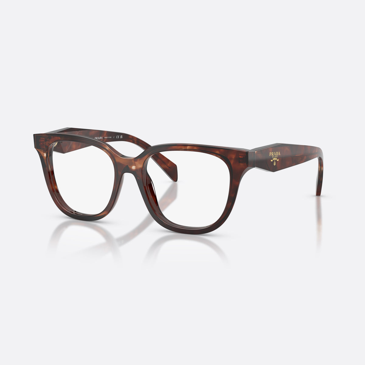 Prada PR C11V 14P1O1 eyeglasses, havana butterfly frame for women, plain saddle bridge, brand lettering on temples