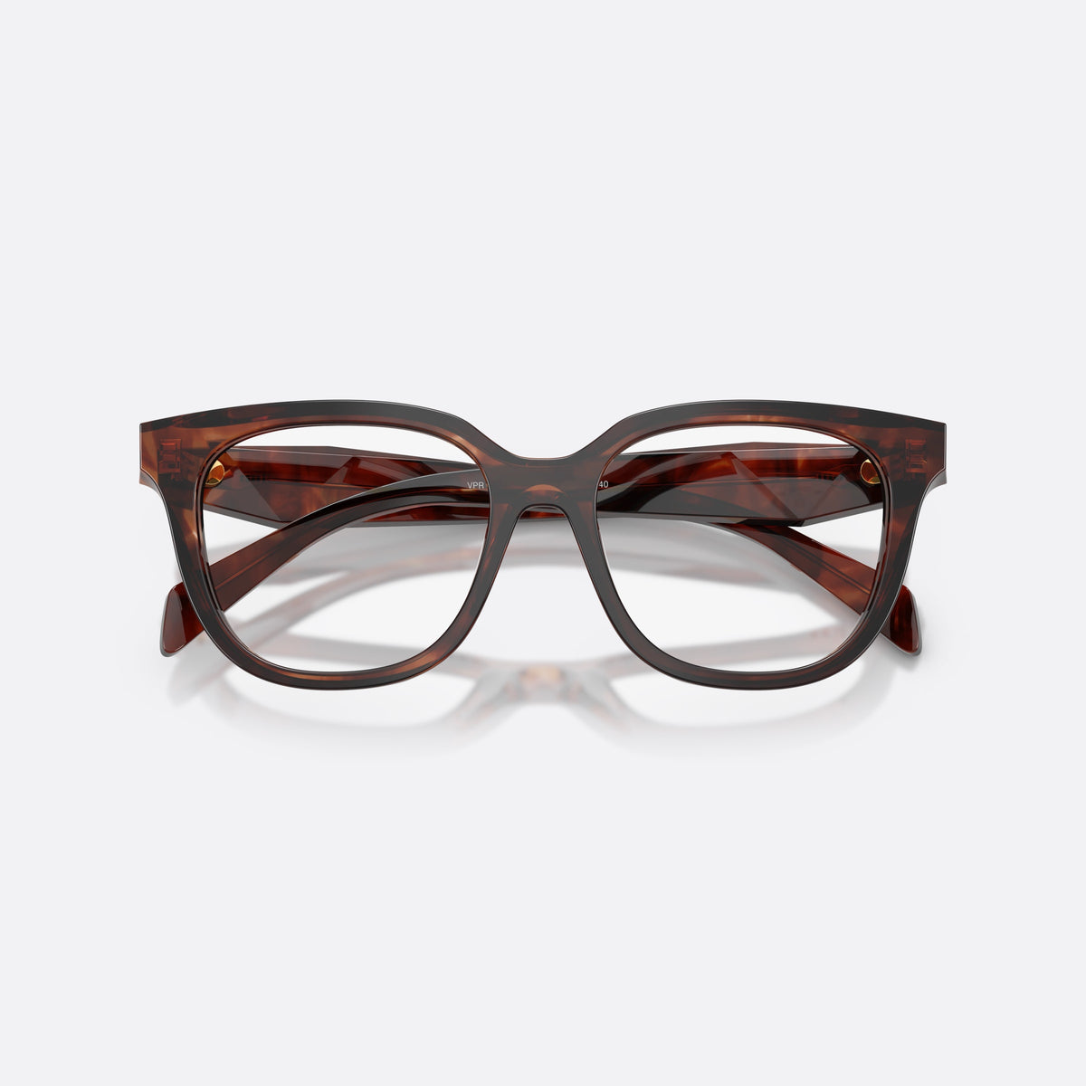 Prada PR C11V 14P1O1 eyeglasses, havana butterfly frame for women, plain saddle bridge, brand lettering on temples, folded