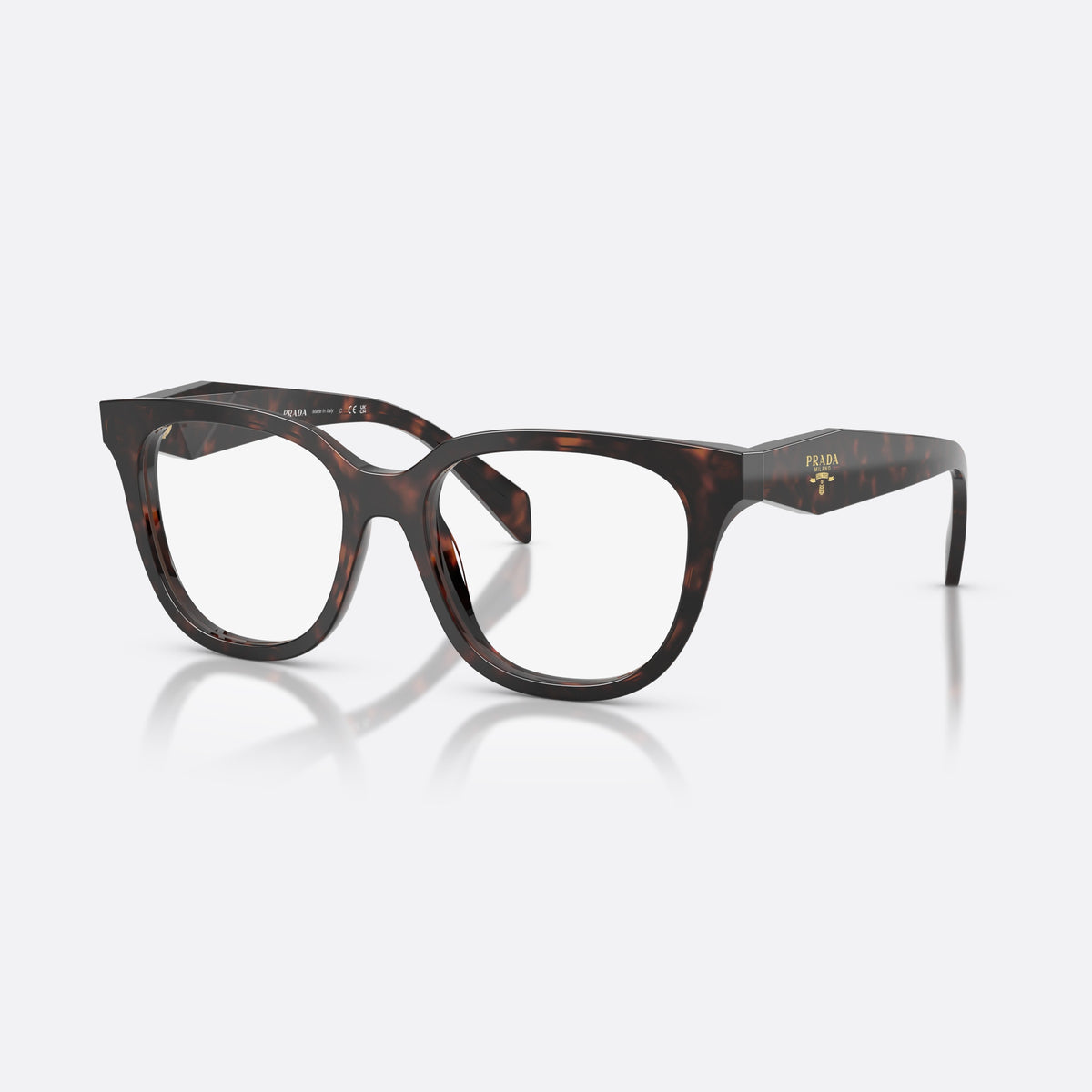 Prada PR C11V 17N1O1 eyeglasses, havana butterfly frame for women, plain bridge, integrated, brand logo on temple