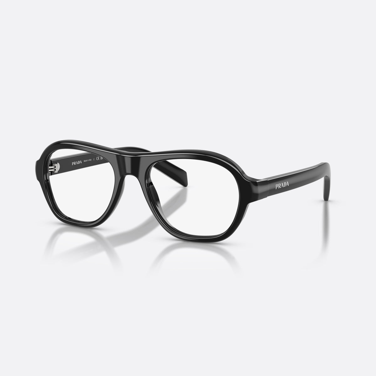 Prada PR C12V 16K1O1 eyeglasses, black pillow frame for women, plain double bridge, brand lettering on temples