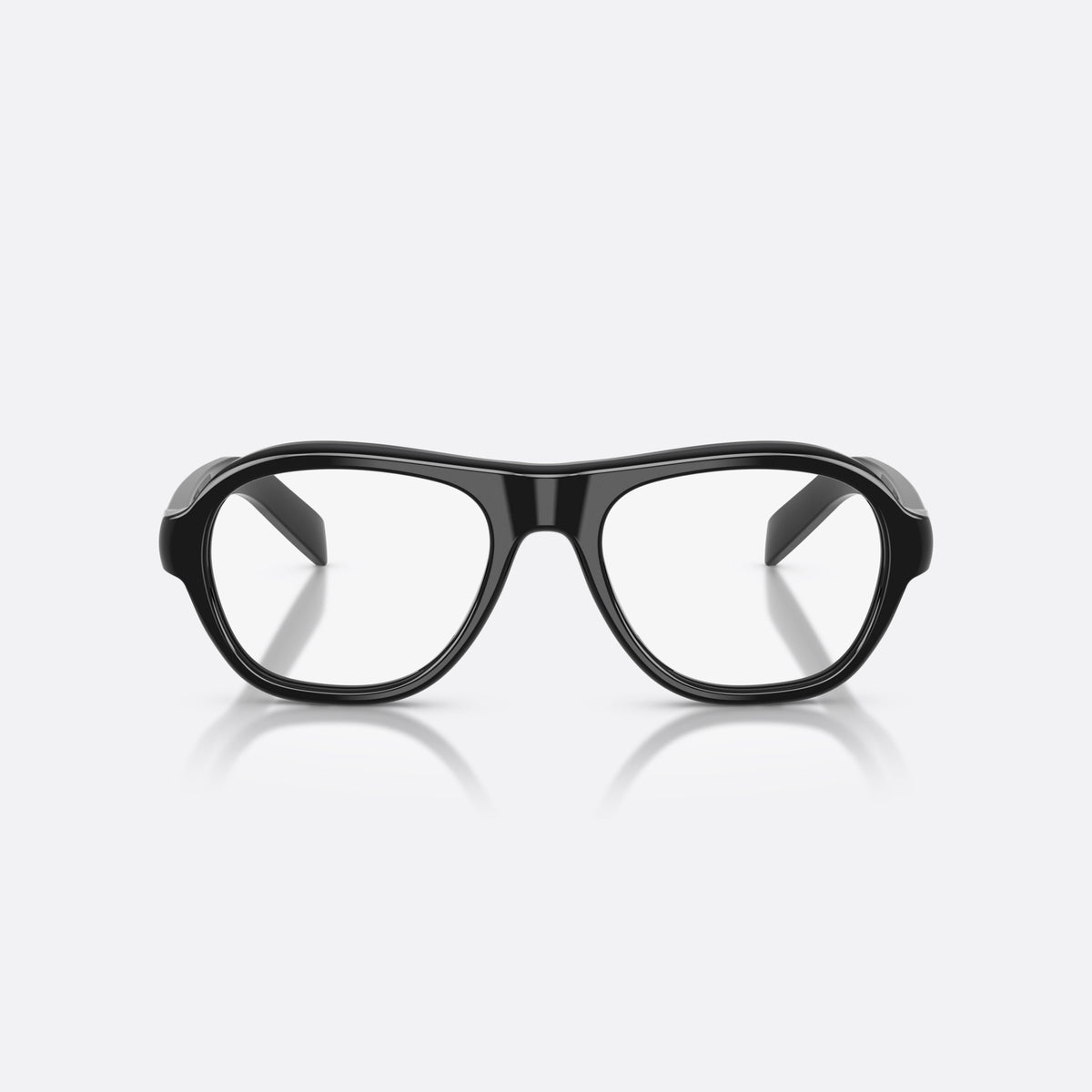 Prada PR C12V 16K1O1 eyeglasses, black pillow frame for women, plain double bridge, brand lettering on temples, front view