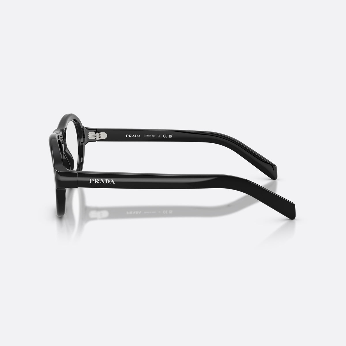 Prada PR C12V 16K1O1 eyeglasses, black pillow frame for women, plain double bridge, brand lettering on temples, side view
