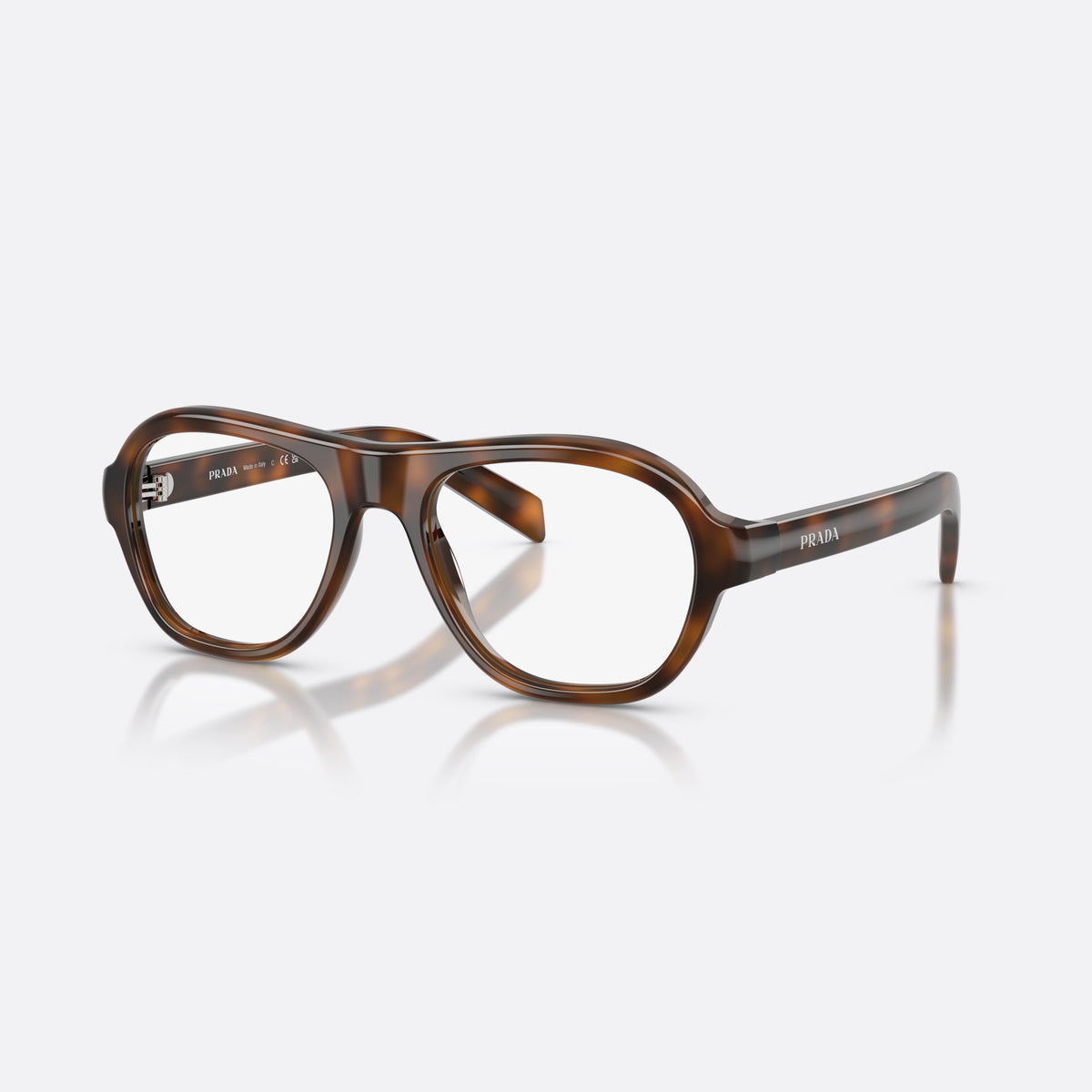 Prada PR C12V 20D1O1 eyeglasses, havana pillow frame for women, plain bridge, integrated into frame, slim tapered temples