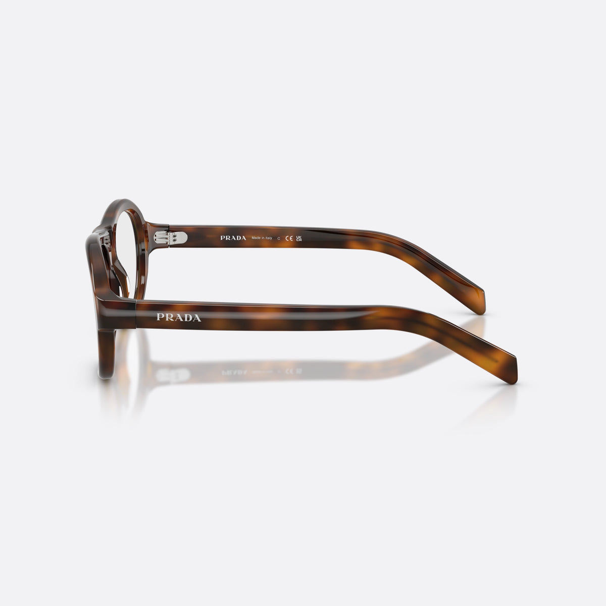 Prada PR C12V 20D1O1 eyeglasses, havana pillow frame for women, keyhole bridge, brand lettering on temple, full-rim frame, side view
