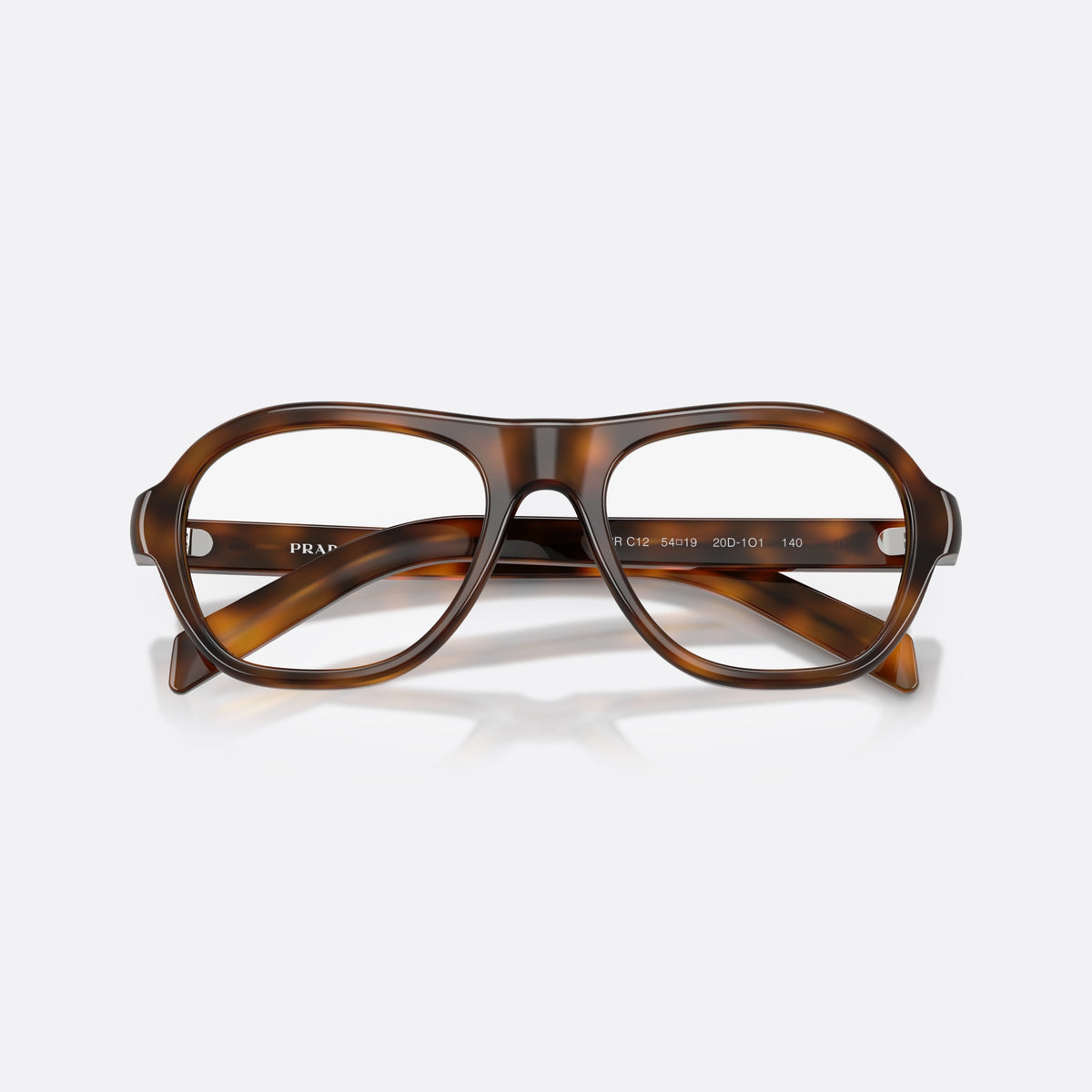 Prada PR C12V 20D1O1 eyeglasses, havana pillow frame for women, keyhole bridge, brand lettering on temple, full-rim frame, folded