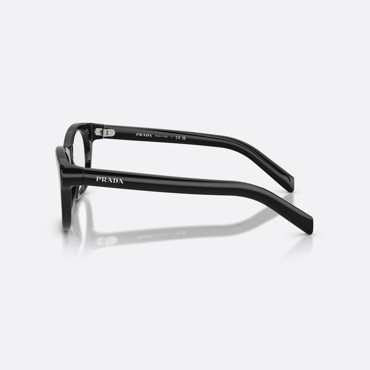 Prada PR C13V 16K1O1 eyeglasses, black pillow frame for women, plain bridge, integrated into front, slim tapered temples, side view