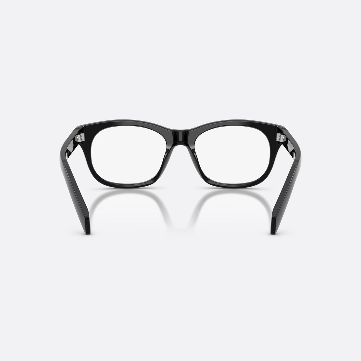 Prada PR C13V 16K1O1 eyeglasses, black pillow frame for women, plain bridge, integrated into front, slim tapered temples, back view