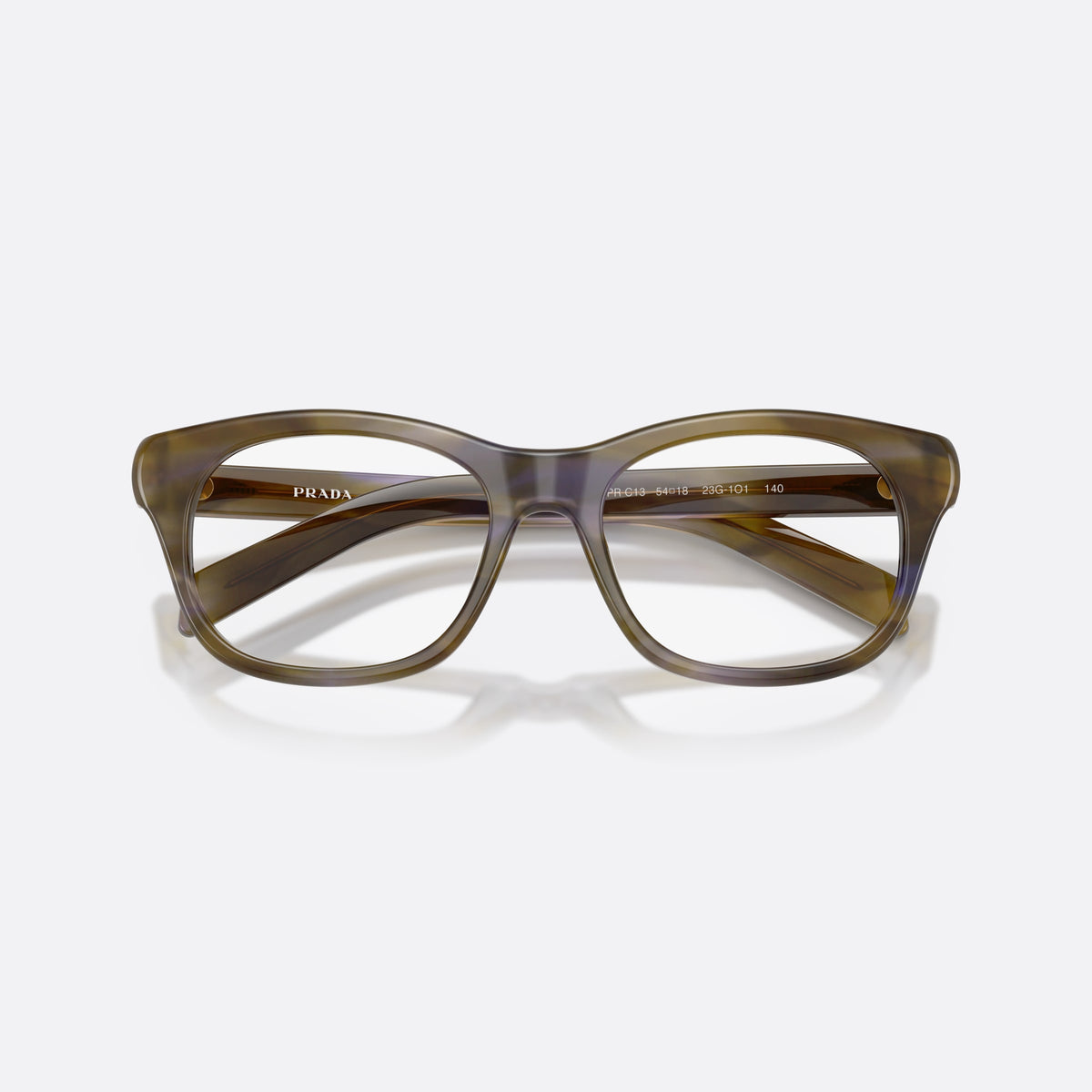 Prada PR C13V 23G1O1 eyeglasses, brown pillow frame for women, plain bridge with rounded profile, slim tapered temples, folded