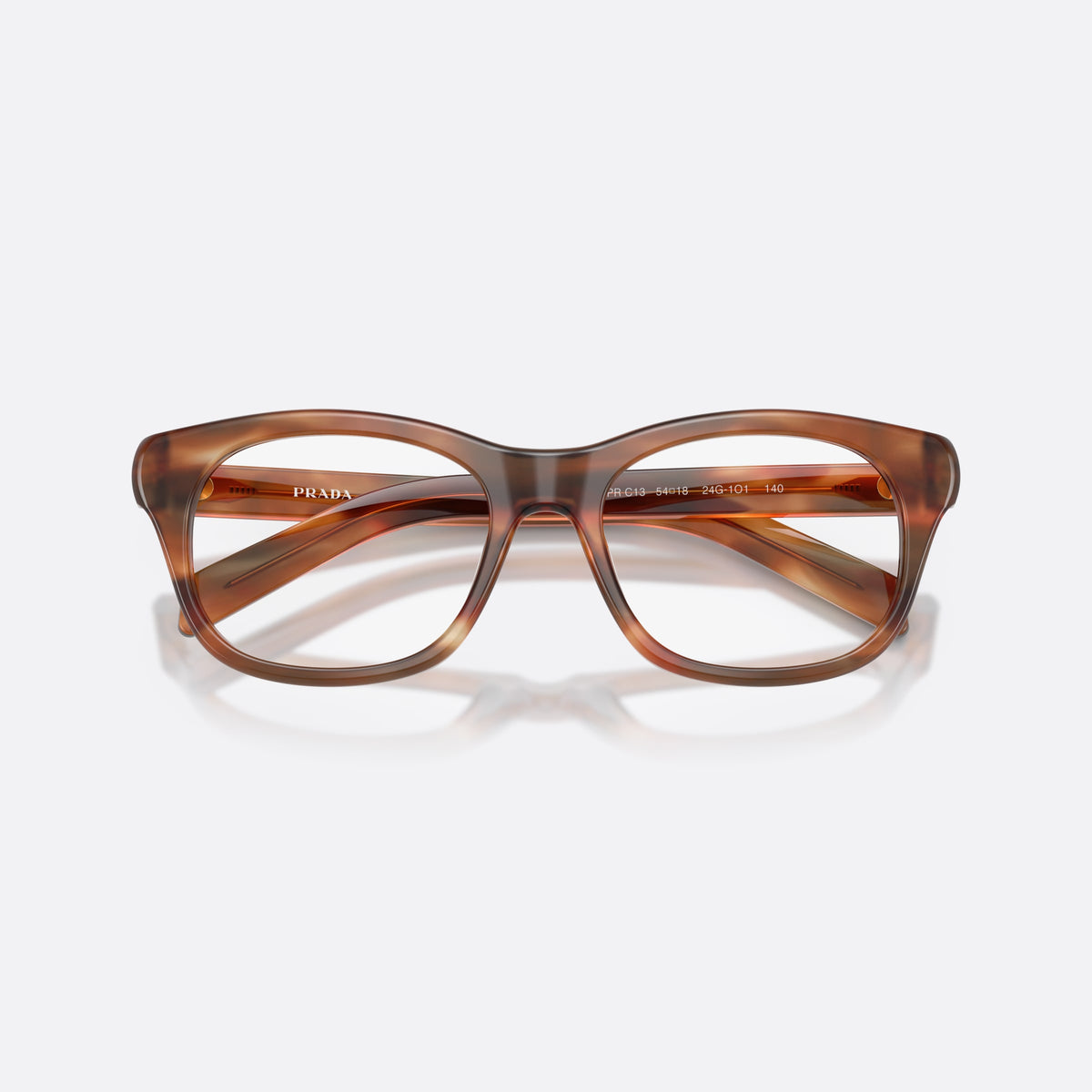 Prada PR C13V 24G1O1 eyeglasses, brown pillow frame for women, plain bridge, brand lettering on temple, gold-tone lettering, folded