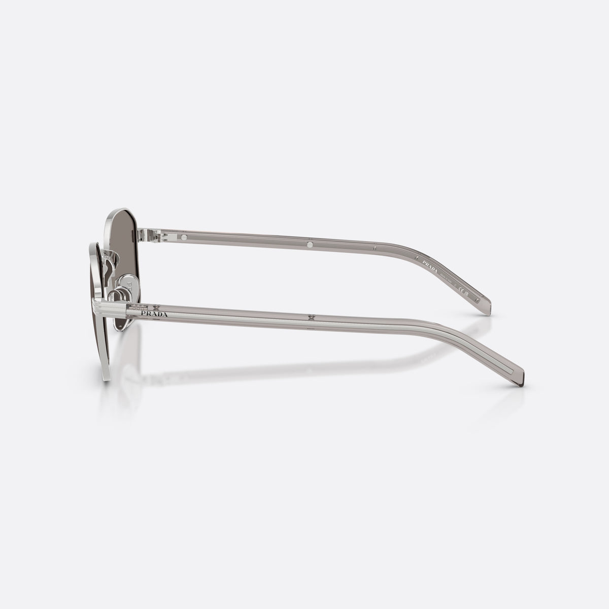 Prada PR C50S 1BC80Q sunglasses, silver square frame for men, plain metal bridge, brand lettering on temples, side view