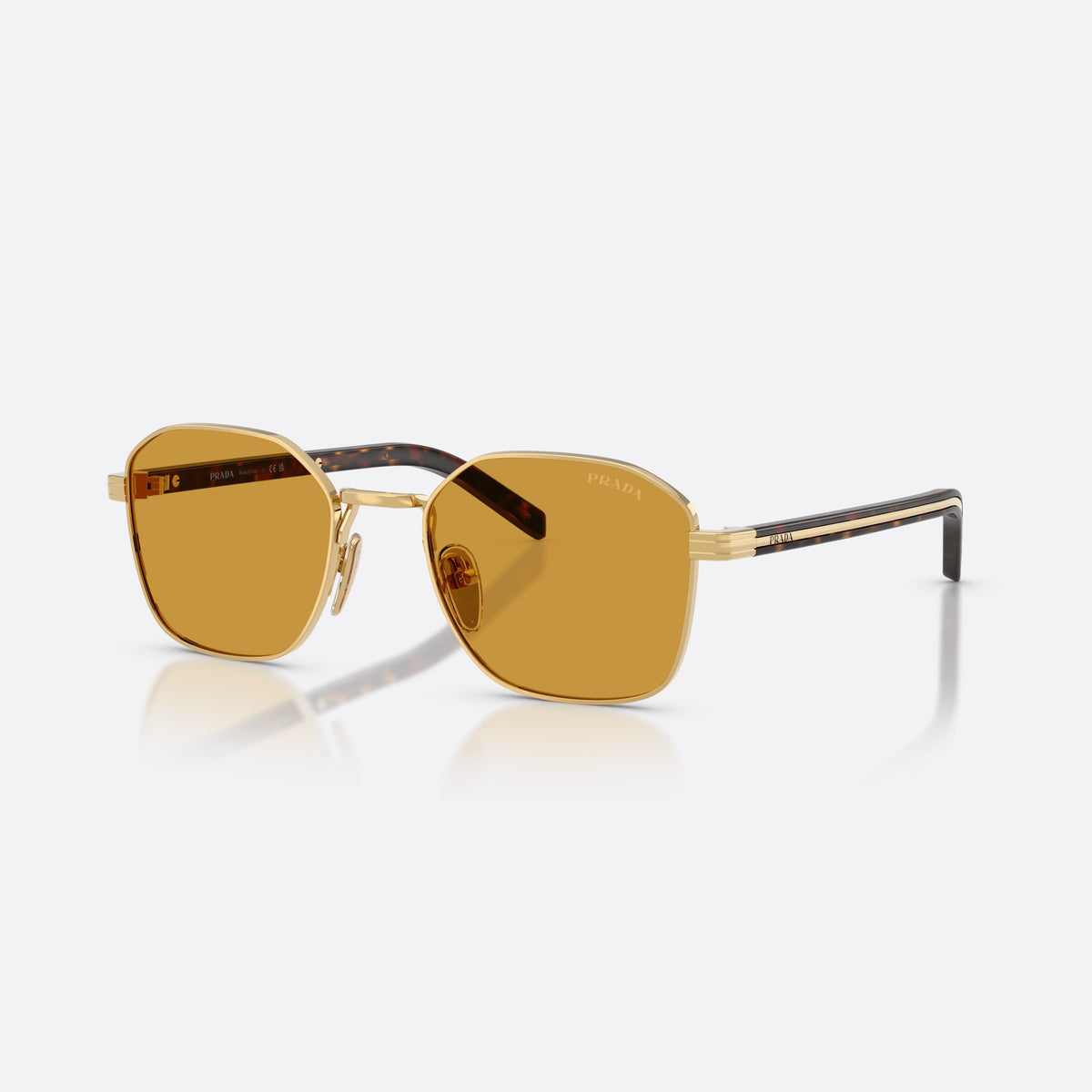 Prada PR C50S 5AK50P sunglasses, gold square frame for men, plain metal bridge, brand lettering on temples