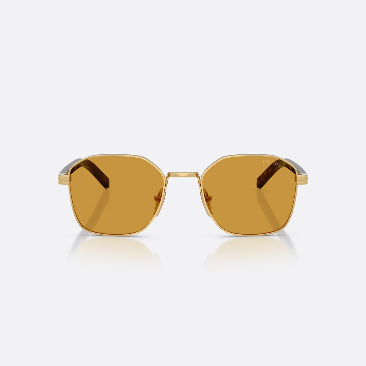 Prada PR C50S 5AK50P sunglasses, gold square frame for men, plain metal bridge, brand lettering on temples, front view