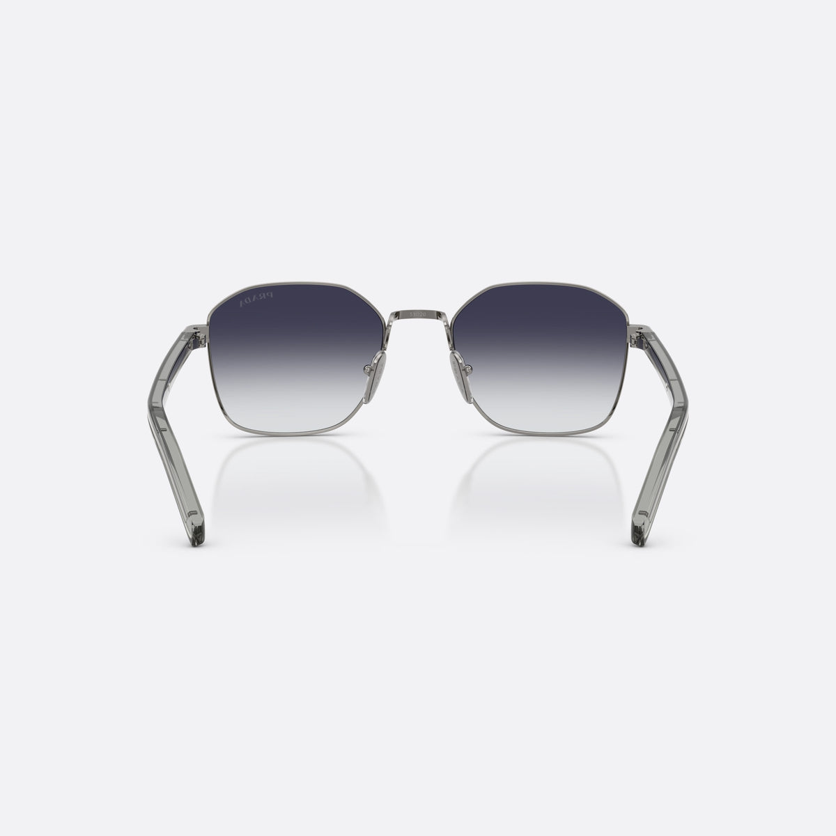 Prada PR C50S 5AV90S sunglasses, grey square frame for men, double metal bridge, brand lettering on temples, back view
