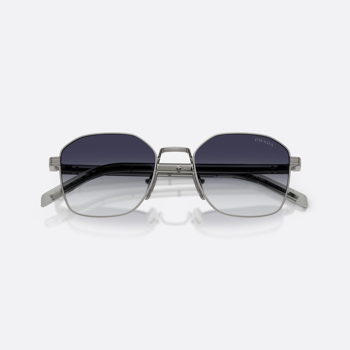 Prada PR C50S 5AV90S sunglasses, grey square frame for men, double metal bridge, brand lettering on temples, folded