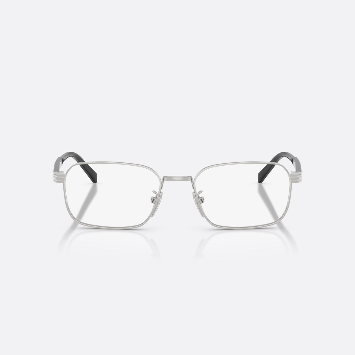 Prada PR C50VD 1BC1O1 eyeglasses, silver pillow frame for men, plain metal bridge, brand lettering on the temples, front view
