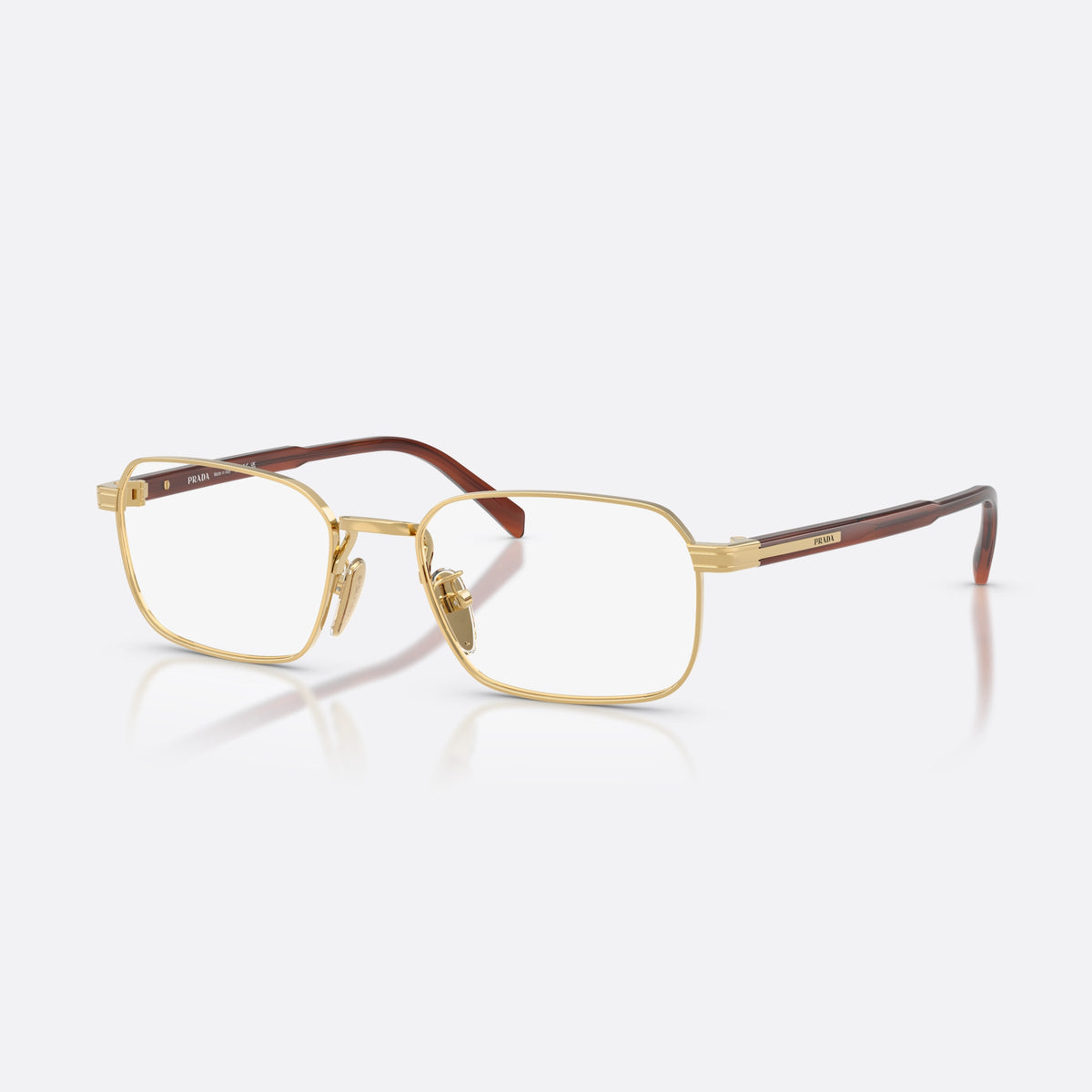 Prada PR C50VD 5AK1O1 eyeglasses, gold pillow frame for men, plain metal bridge, brand lettering on temples