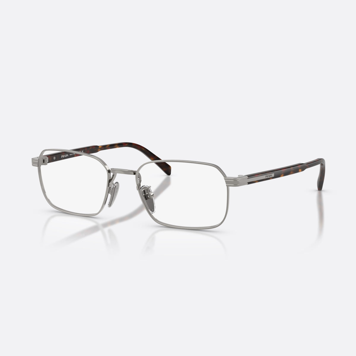 Prada PR C50VD 5AV1O1 eyeglasses, grey pillow frame for men, plain metal bridge, brand lettering on temples