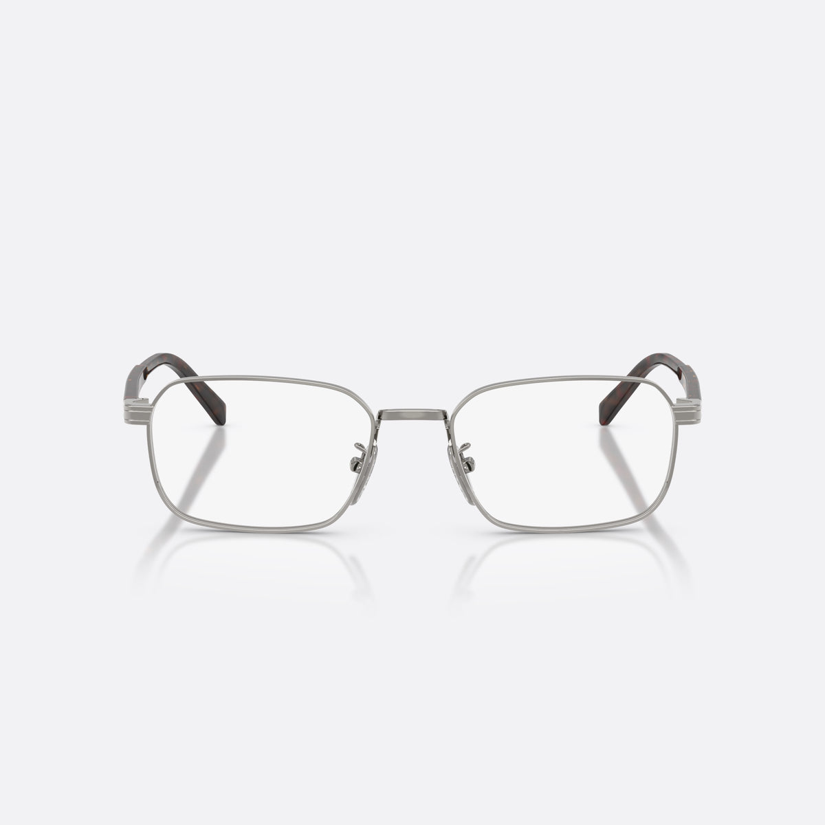 Prada PR C50VD 5AV1O1 eyeglasses, grey pillow frame for men, plain metal bridge, brand lettering on temples, front view