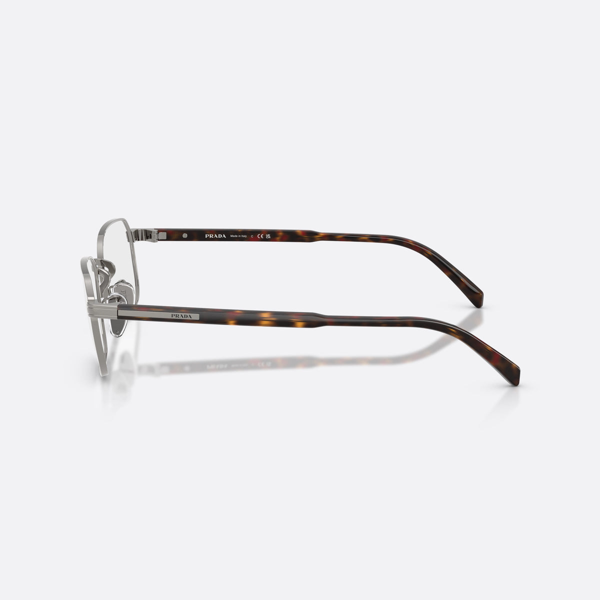 Prada PR C50VD 5AV1O1 eyeglasses, grey pillow frame for men, plain metal bridge, brand lettering on temples, side view