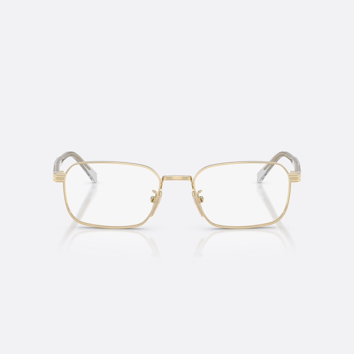 Prada PR C50VD ZVN1O1 eyeglasses, gold pillow frame for men, plain metal bridge, brand lettering on temples, front view