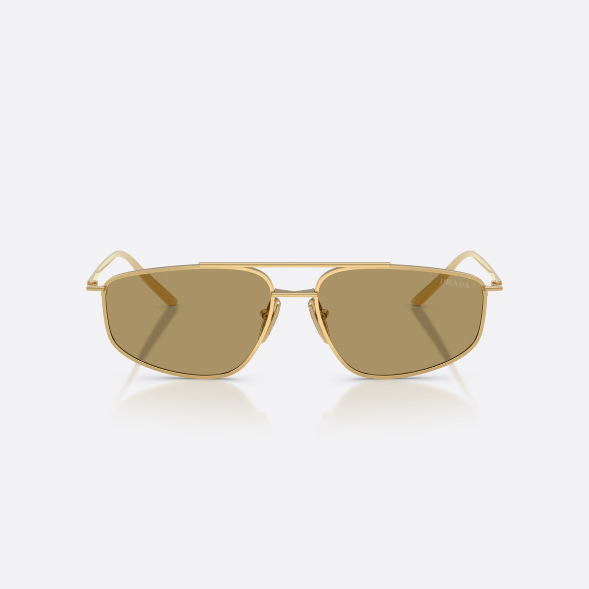 Ochelari de soare Prada PR C51S 5AK70G, pillow auriu, pentru femei, punte dublă cu bară superioară, literele brandului pe brațe, vedere din față