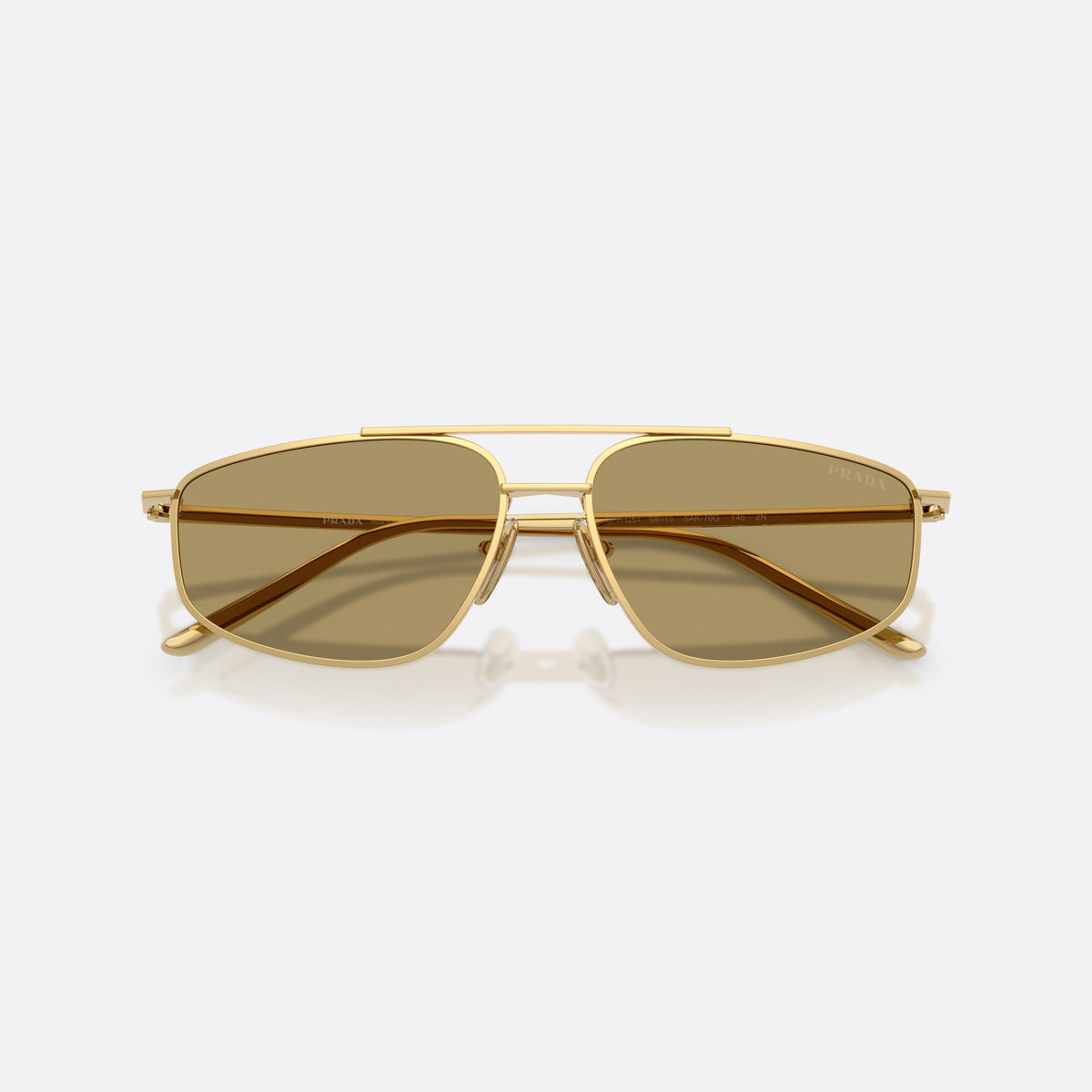 Ochelari de soare Prada PR C51S 5AK70G, pillow auriu, pentru femei, punte dublă cu bară superioară, literele brandului pe brațe, cu brațele pliate