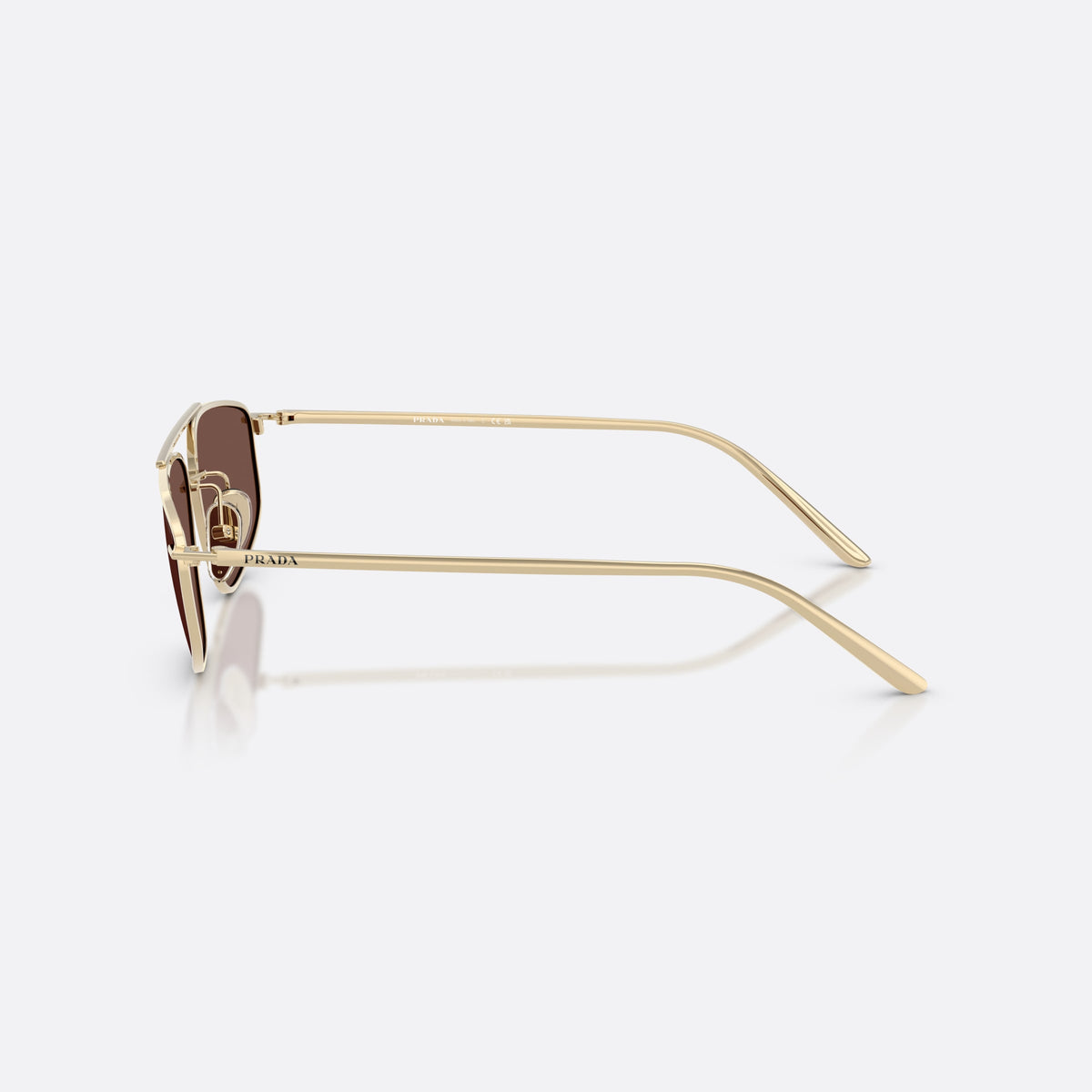 Prada PR C51S ZVN80T sunglasses, gold pillow frame for women, double bridge with top bar, brand lettering on temples, side view