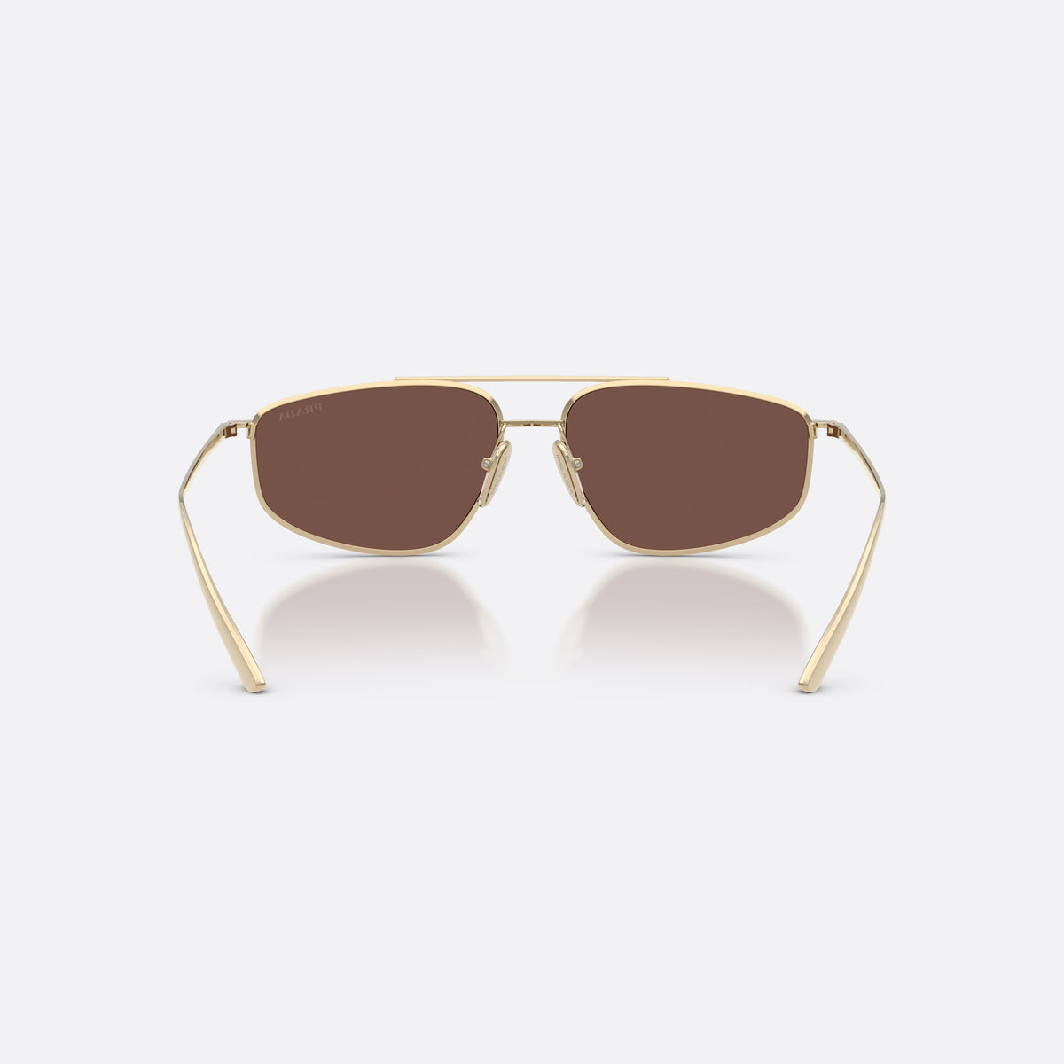 Prada PR C51S ZVN80T sunglasses, gold pillow frame for women, double bridge with top bar, brand lettering on temples, back view