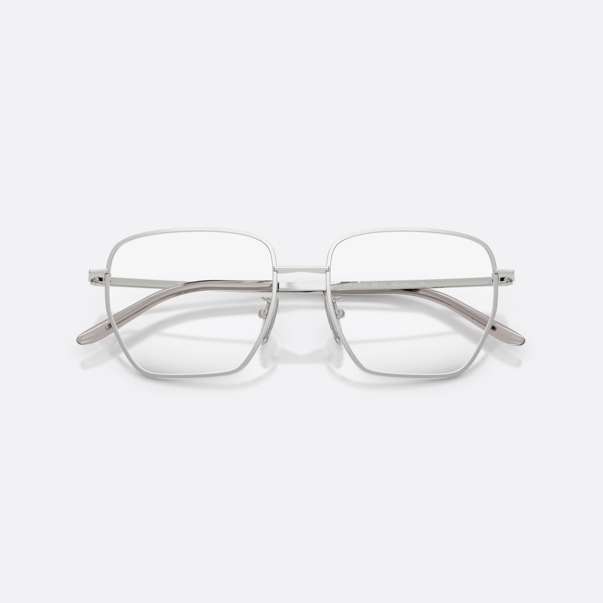 Prada PR C51VD 1BC1O1 eyeglasses, silver square frame for women, plain metal bridge, brand lettering on temples, folded