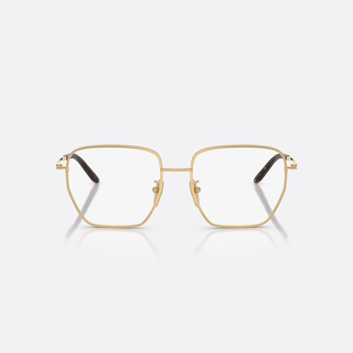 Prada PR C51VD 5AK1O1 eyeglasses, gold square frame for women, plain metal bridge, brand lettering on temples, front view