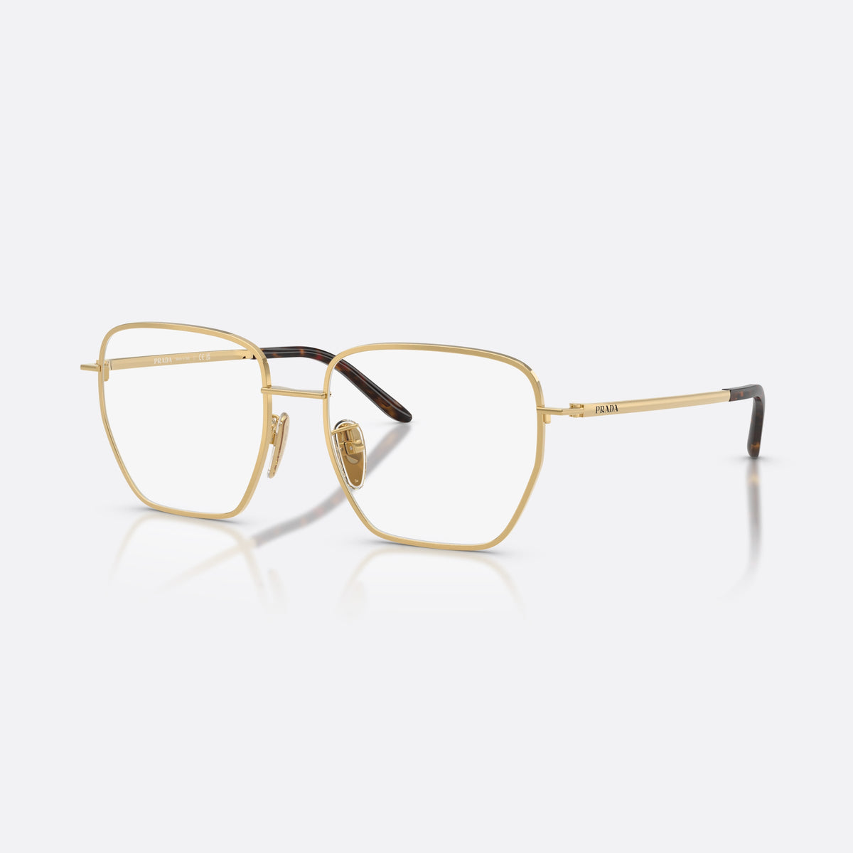 Prada PR C51VD 5AK1O1 eyeglasses, gold square frame for women, plain metal bridge, brand lettering on temples