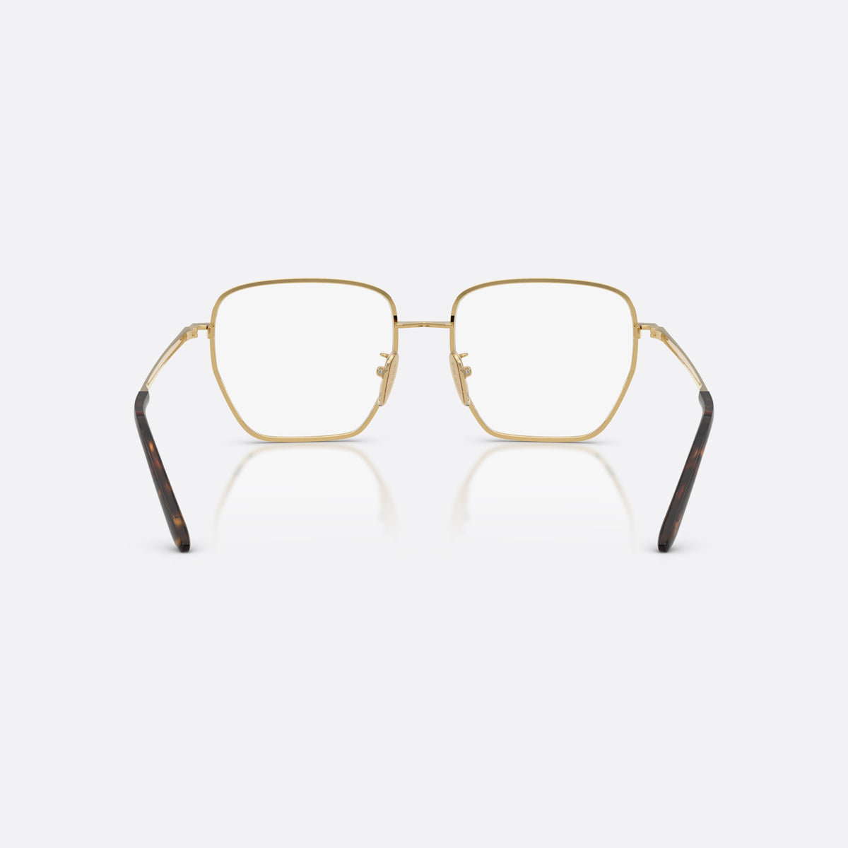 Prada PR C51VD 5AK1O1 eyeglasses, gold square frame for women, plain metal bridge, brand lettering on temples, back view