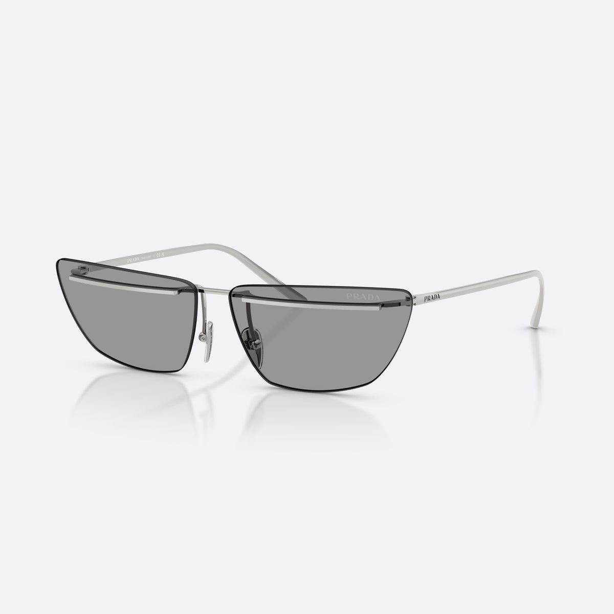 Prada PR C52S 1BC50Q sunglasses, silver butterfly frame for women, thin metal bridge, brand lettering on temples