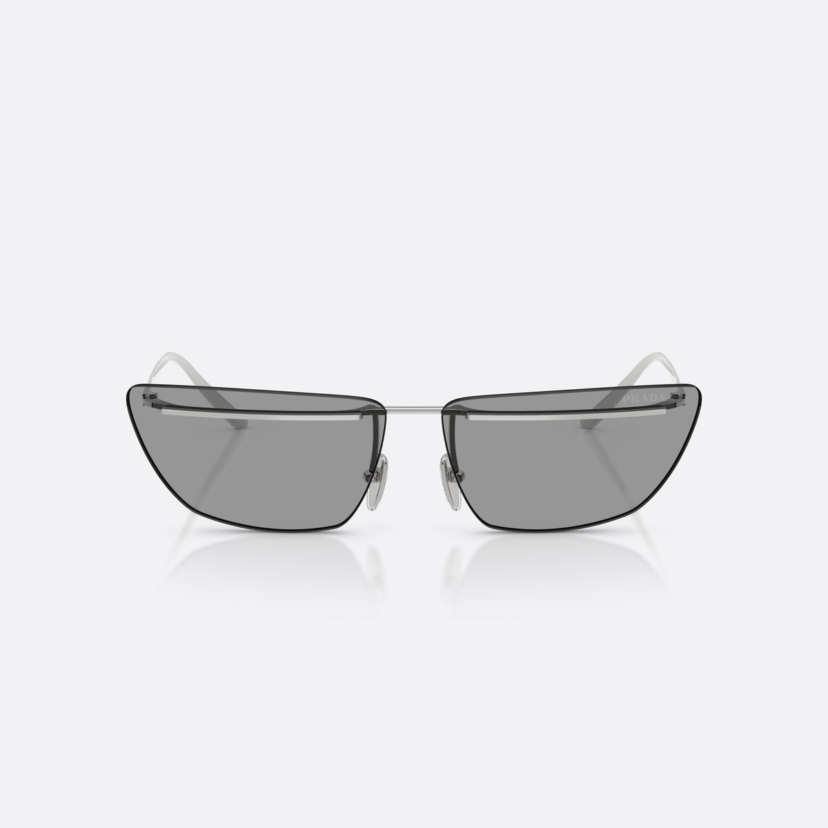 Prada PR C52S 1BC50Q sunglasses, silver butterfly frame for women, thin metal bridge, brand lettering on temples, front view