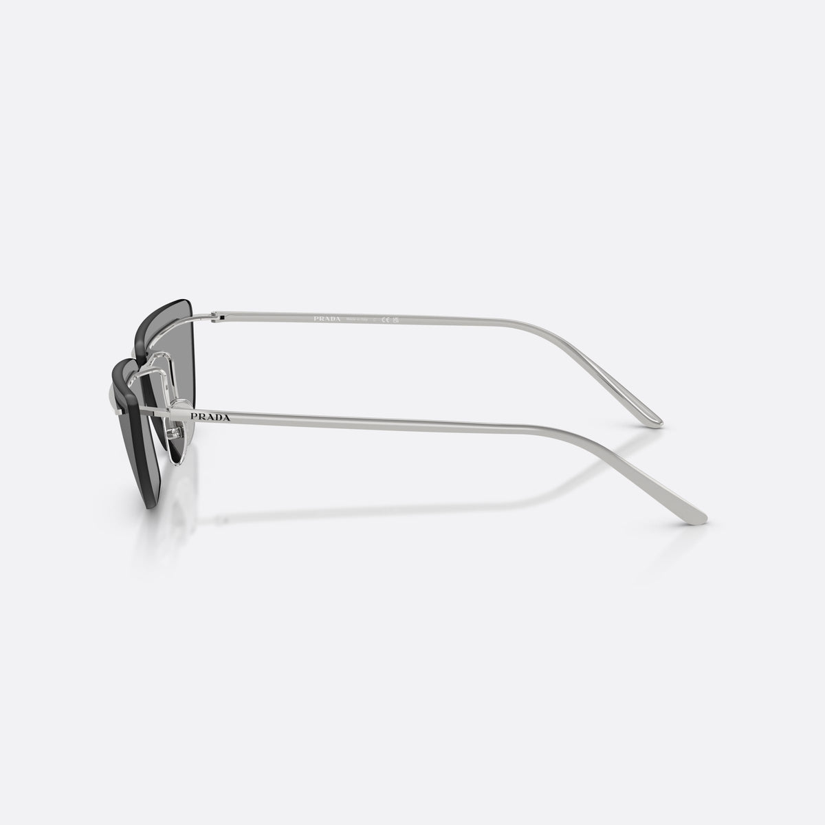 Prada PR C52S 1BC50Q sunglasses, silver butterfly frame for women, thin metal bridge, brand lettering on temples, side view