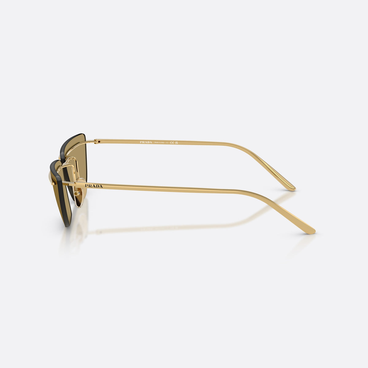 Prada PR C52S 5AK70G sunglasses, gold butterfly frame for women, thin metal bridge, brand lettering on the temples, side view
