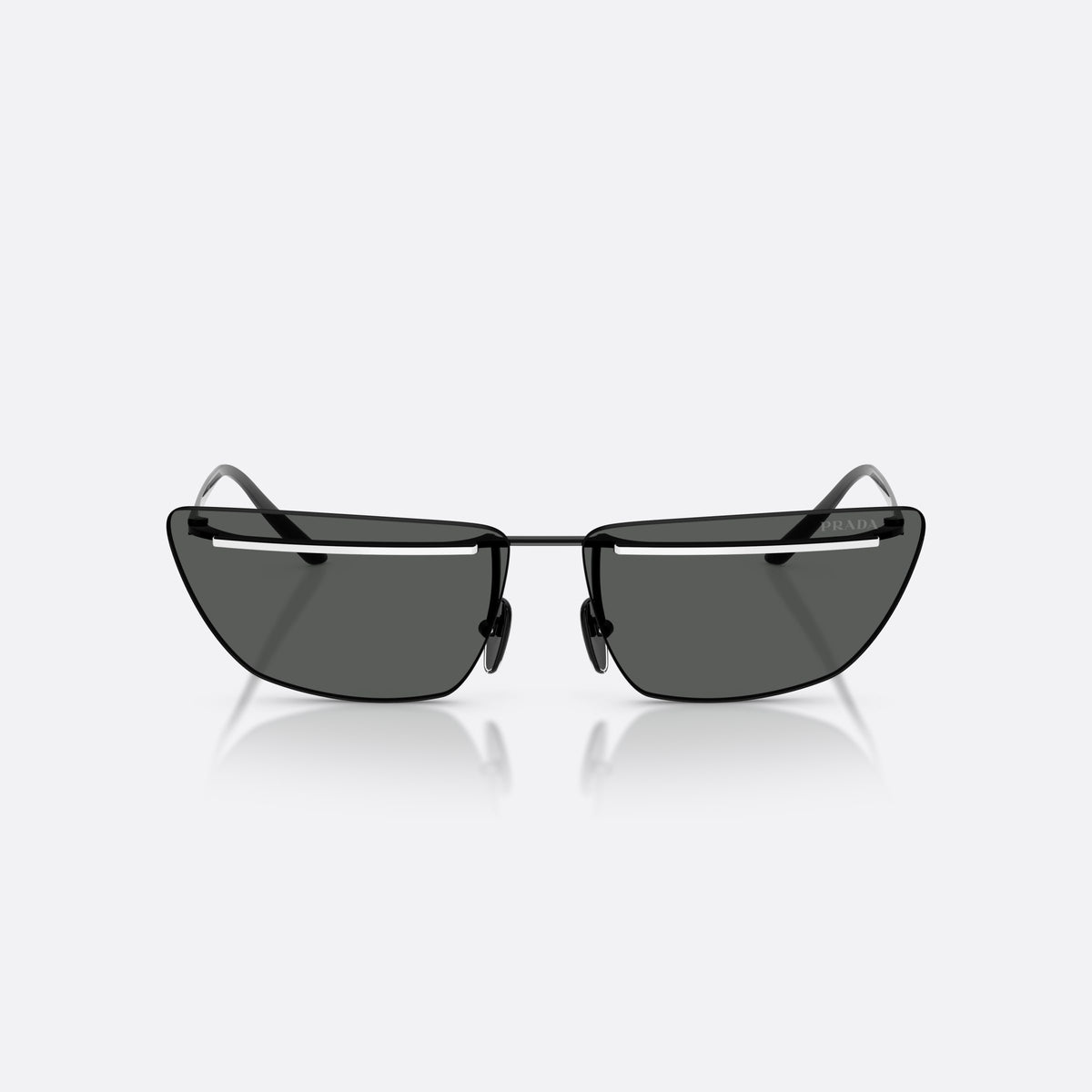 Prada PR C52S YC460T sunglasses, black butterfly frame for women, thin metal bridge, brand lettering on temples, front view
