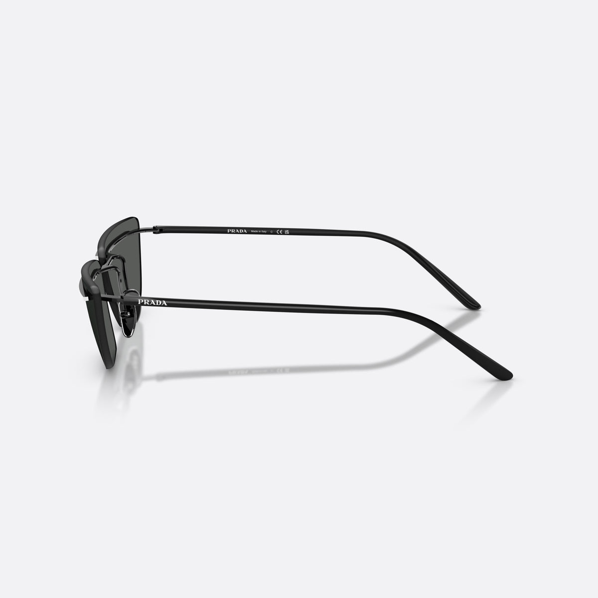 Prada PR C52S YC460T sunglasses, black butterfly frame for women, thin metal bridge, brand lettering on temples, side view