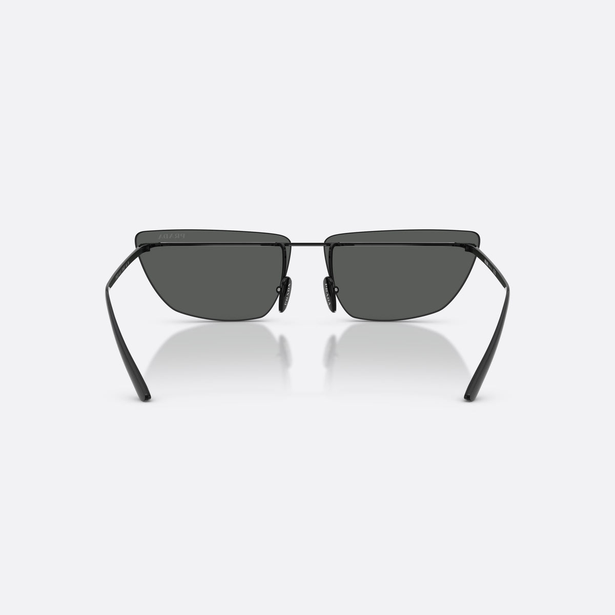Prada PR C52S YC460T sunglasses, black butterfly frame for women, thin metal bridge, brand lettering on temples, back view