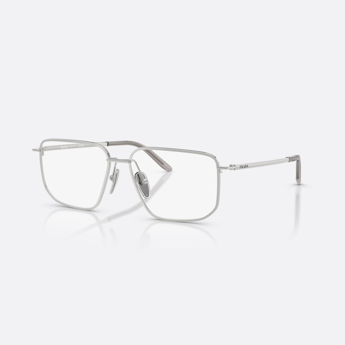 Prada PR C52V 1BC1O1 eyeglasses, silver rectangle frame for women, double bridge with metal bar, brand lettering on the temples