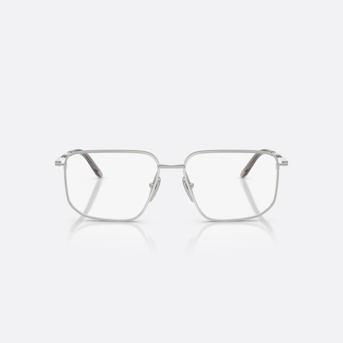 Prada PR C52V 1BC1O1 eyeglasses, silver rectangle frame for women, double bridge with metal bar, brand lettering on the temples, front view