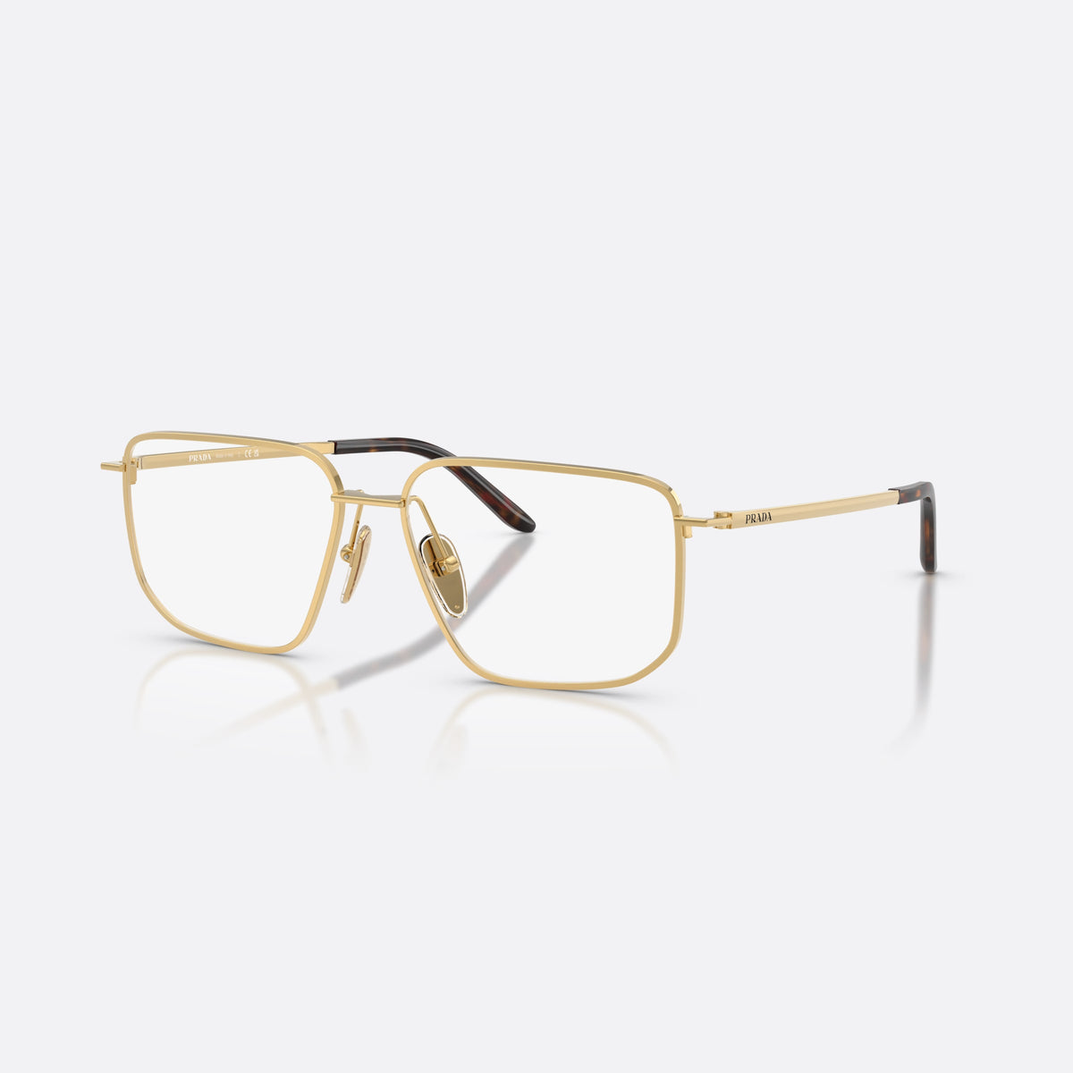 Prada PR C52V 5AK1O1 eyeglasses, gold rectangle frame for women, plain metal bridge, brand lettering on temples