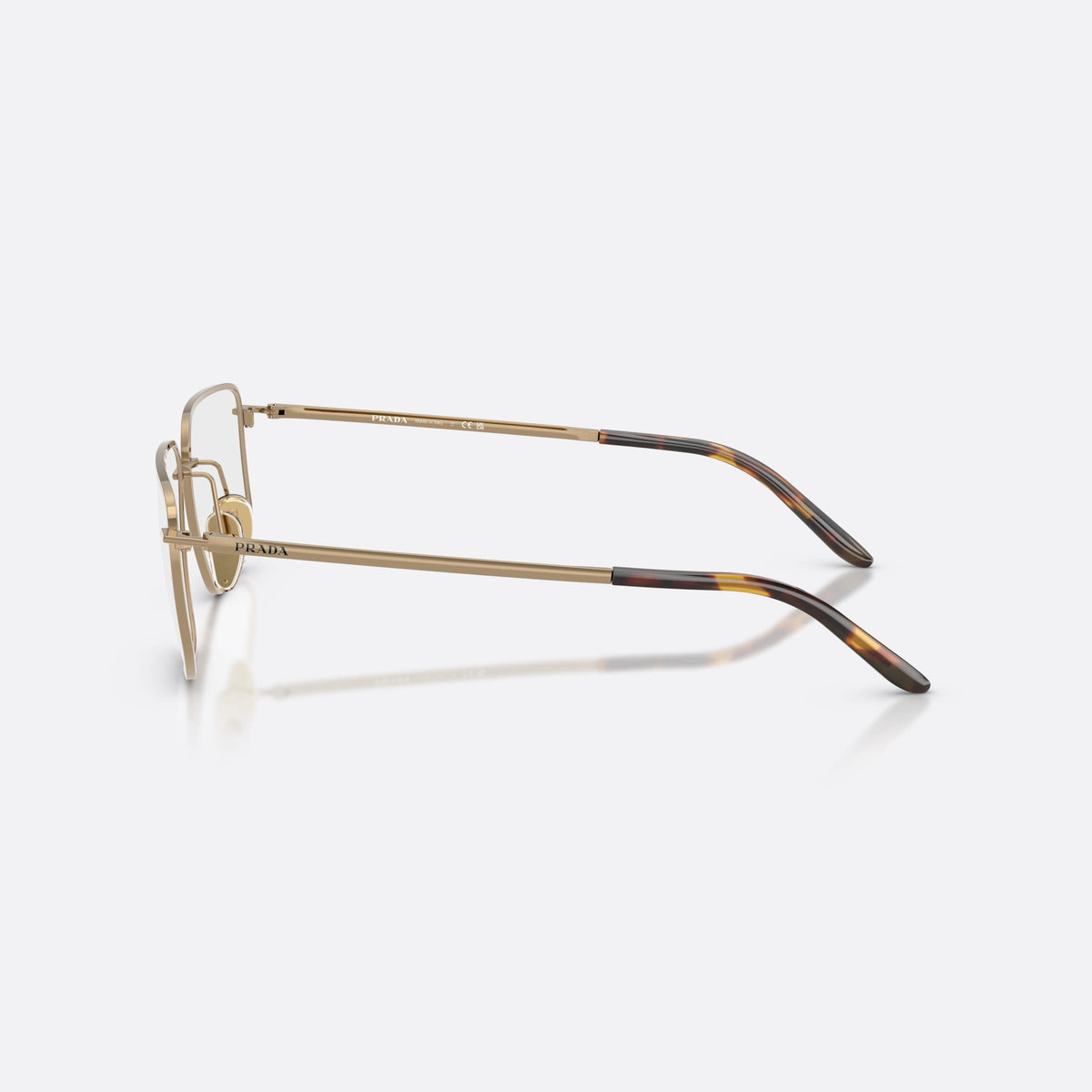 Rame ochelari de vedere Prada PR C52V 7OE1O1, rectangulari maro, pentru femei, punte dublă cu bară metalică, literele brandului pe brațe, vedere laterală
