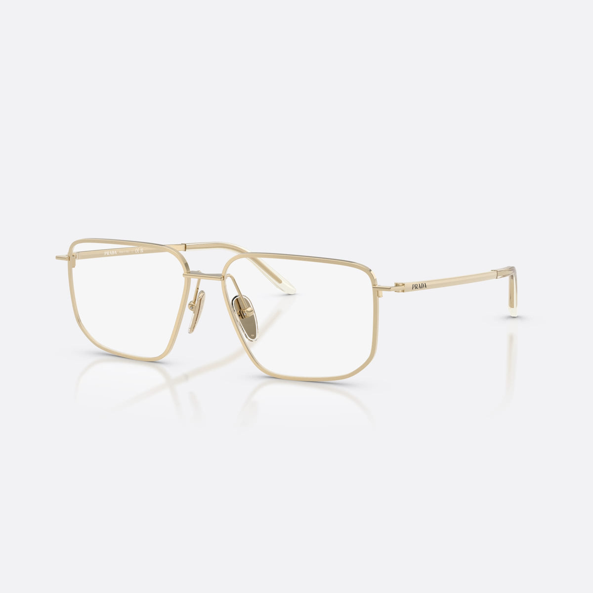 Prada PR C52V ZVN1O1 eyeglasses, gold rectangle frame for women, plain metal bridge, brand lettering on the temples